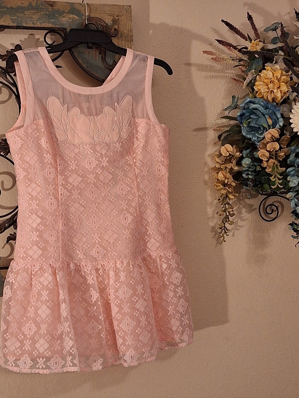 Sleeveless Pink Lace Mini Dress with Sheer Yoke and Ruffled Hem. NWT Size Large
